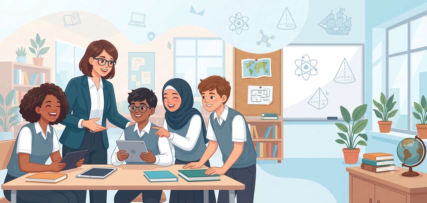Campus scene with students, a teacher and the school building